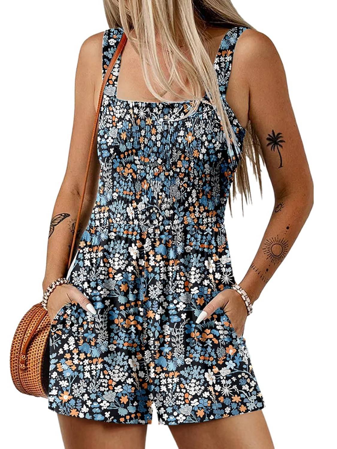 💃Women's Summer Square Neck Sleeveless Loose Casual Short Smocked Romper