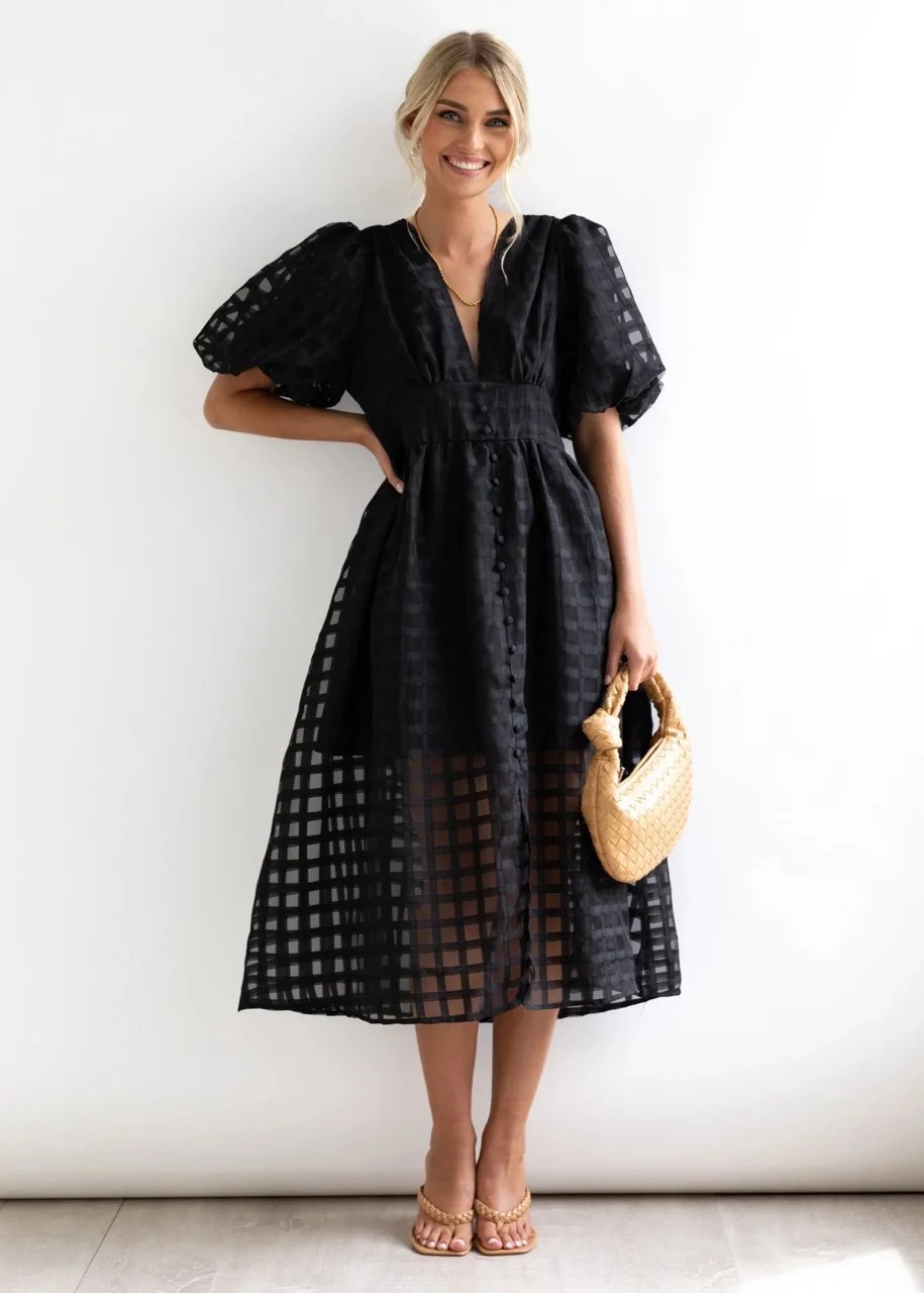 ๐ฅ๐ฅ Beauty Square Patterned Fabric Puff Sleeve Midi Dress