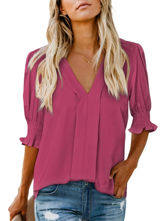 🔥WOMEN'S V NECK DRESSY PUFF RUFFLE BLOUSE CASUAL SHORT SLEEVE TOPS