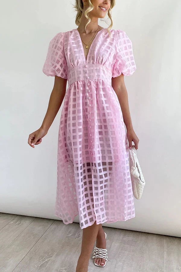 ๐ฅ๐ฅ Beauty Square Patterned Fabric Puff Sleeve Midi Dress
