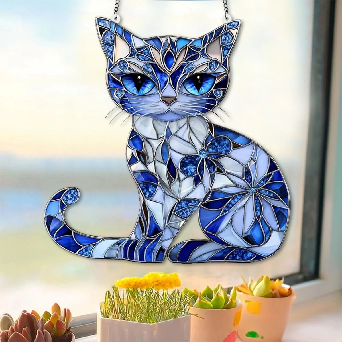 Blue & White Cat Suncatcher Ornament🐱