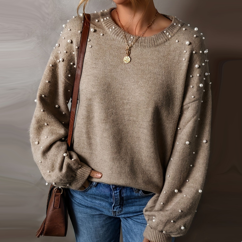 🔥Women's Faux Pearls Round Neck Pullover Sweater