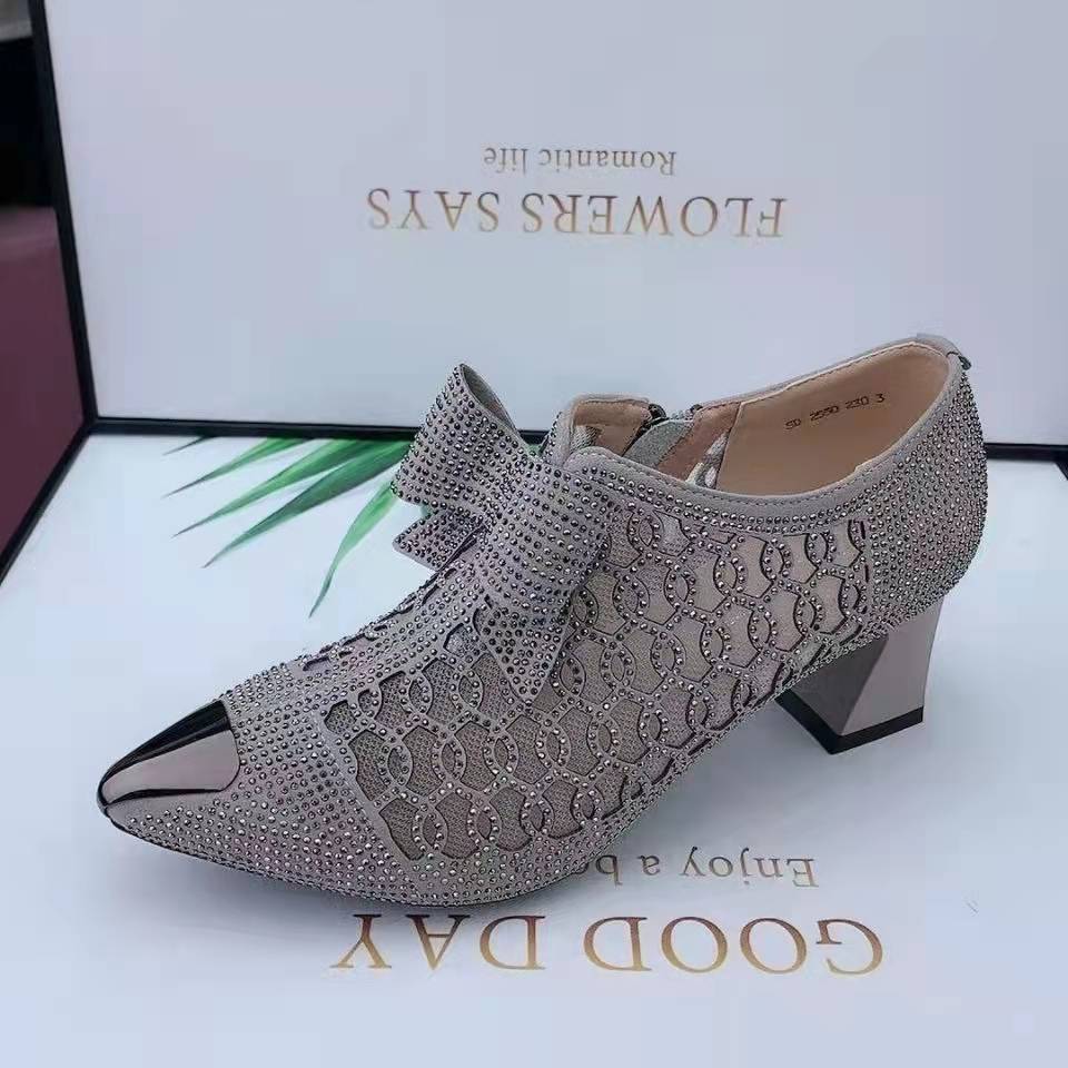 2023 summer new rhinestone chunky heel pointed toe sandals