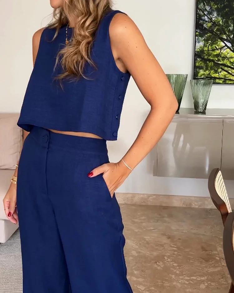 Casual Linen Elegant Solid Color  Two-piece Set