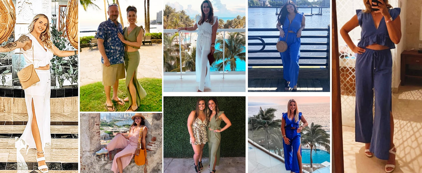 🔥Womens 2 Pieces Outfits Deep V Neck  Side Slit  Wide Leg Pants Set