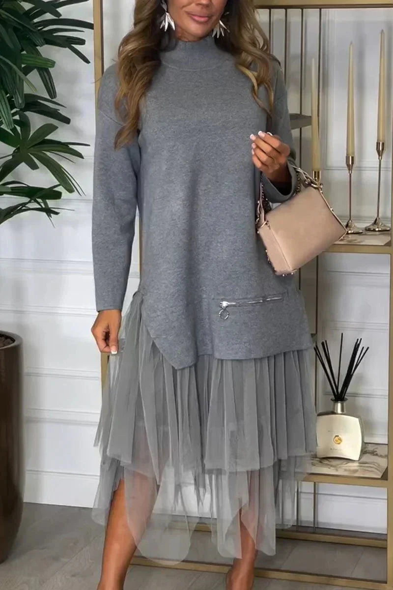 🔥Women's Casual Solid Color Mesh Patchwork Dress