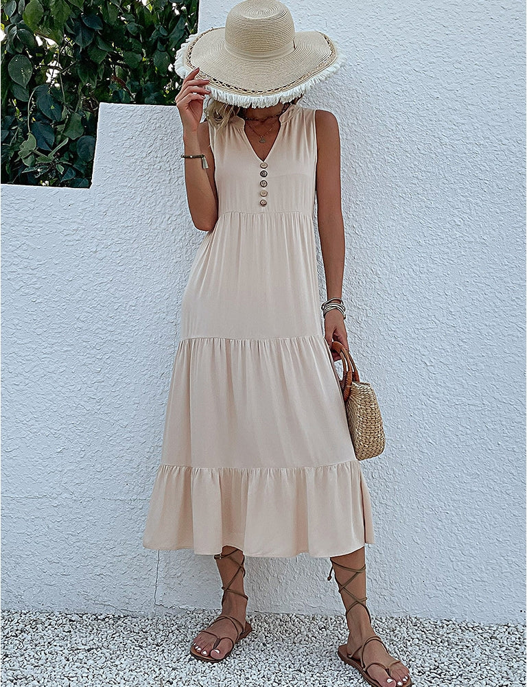 Button Detail Layered Hem Smock Dress