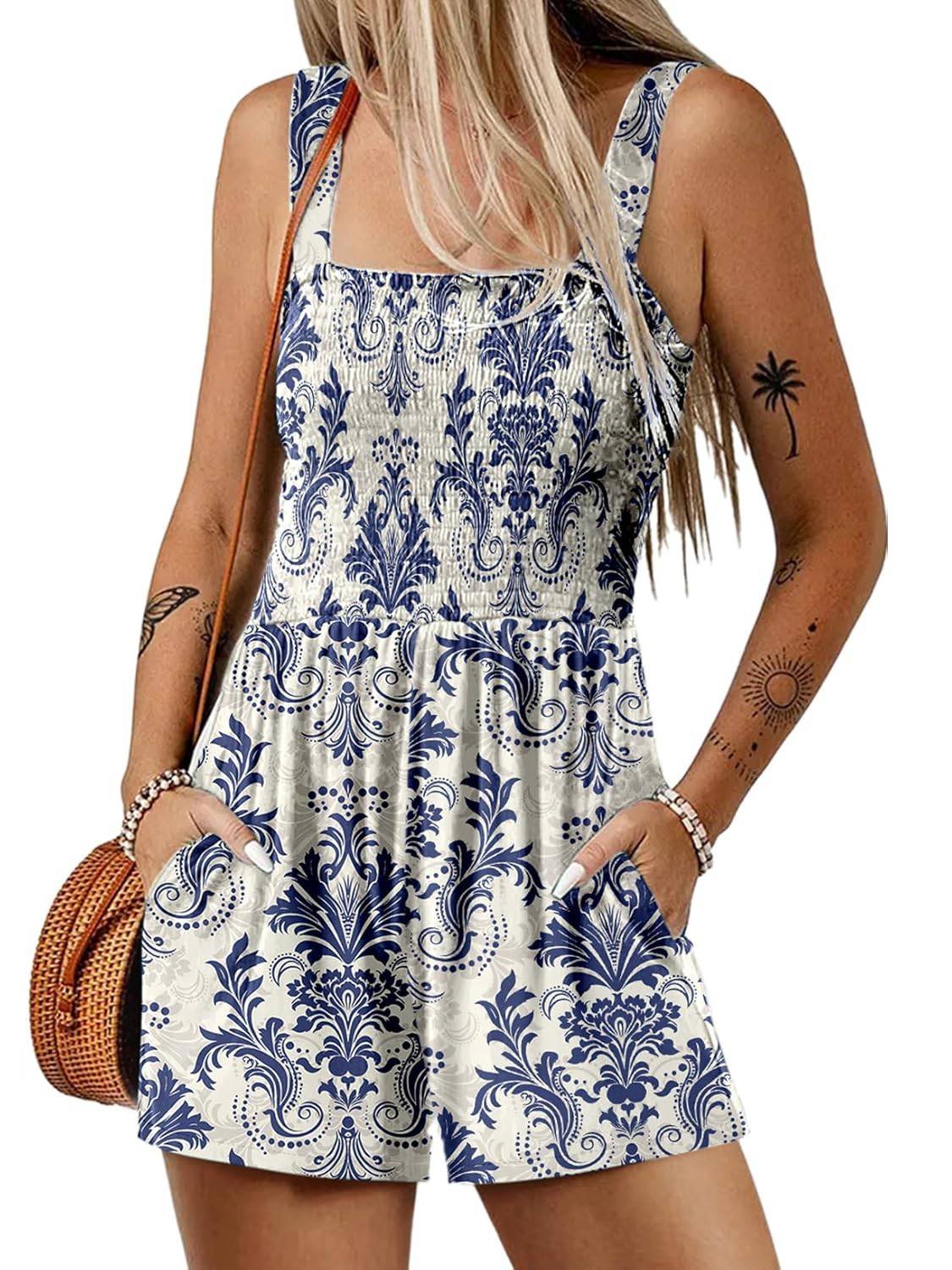 💃Women's Summer Square Neck Sleeveless Loose Casual Short Smocked Romper