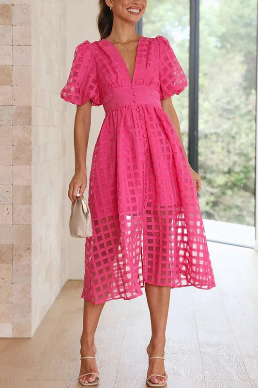 🔥🔥 Beauty Square Patterned Fabric Puff Sleeve Midi Dress