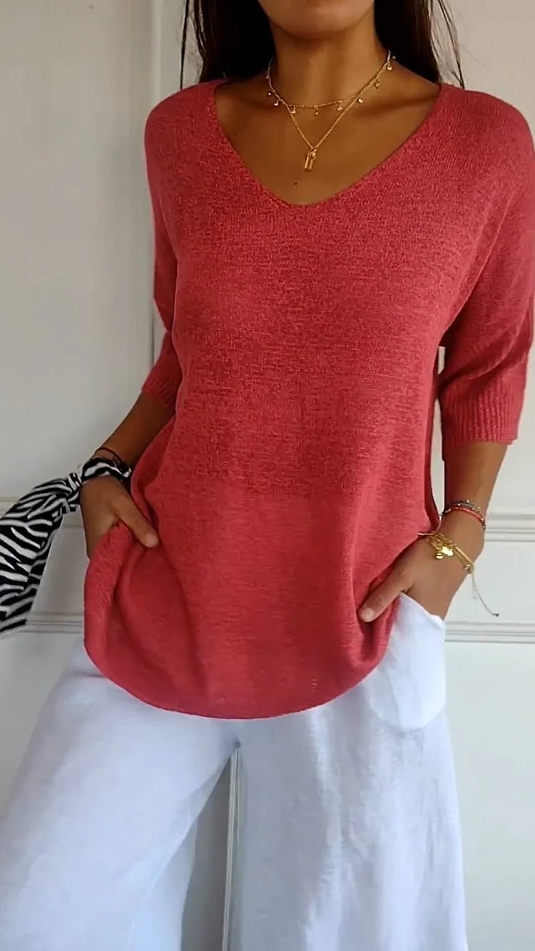 💖Solid Color Knitted V-neck Top