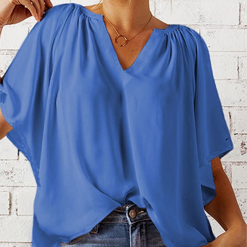 💖Summer top for women with batwing sleeves and V-neck, solid color