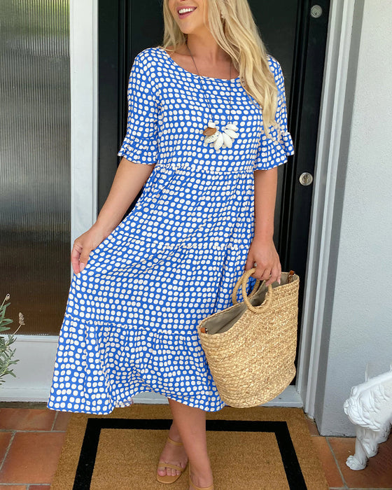 🎁💥Round Neck Polka Dot Print Midi Dress