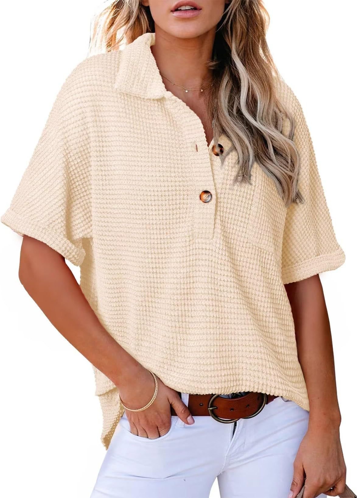 🔥WOMEN'S WAFFLE KNIT SHORT SLEEVE TUNIC HENLEY TOP