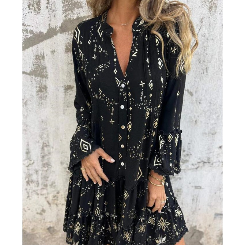 💖Women's Geometric Print Comfortable V-Neck Midi-Dress
