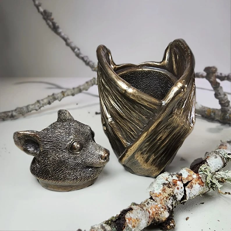 Bronze bat trinket cup, Gothic home decor, bat jewelry box
