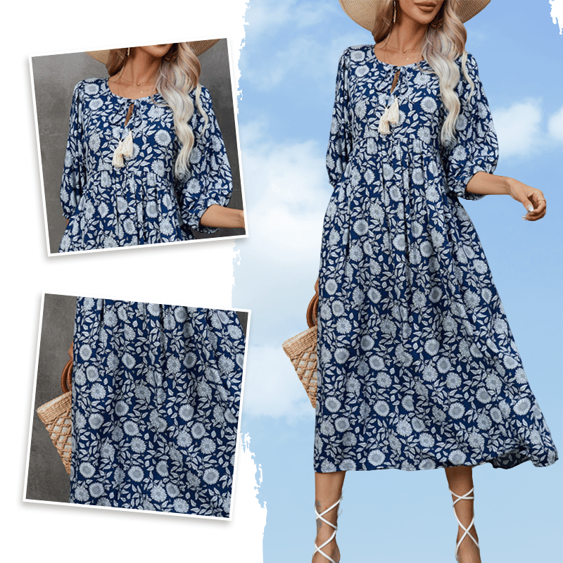 🌸Women's elegant long dress with floral print and V-neck