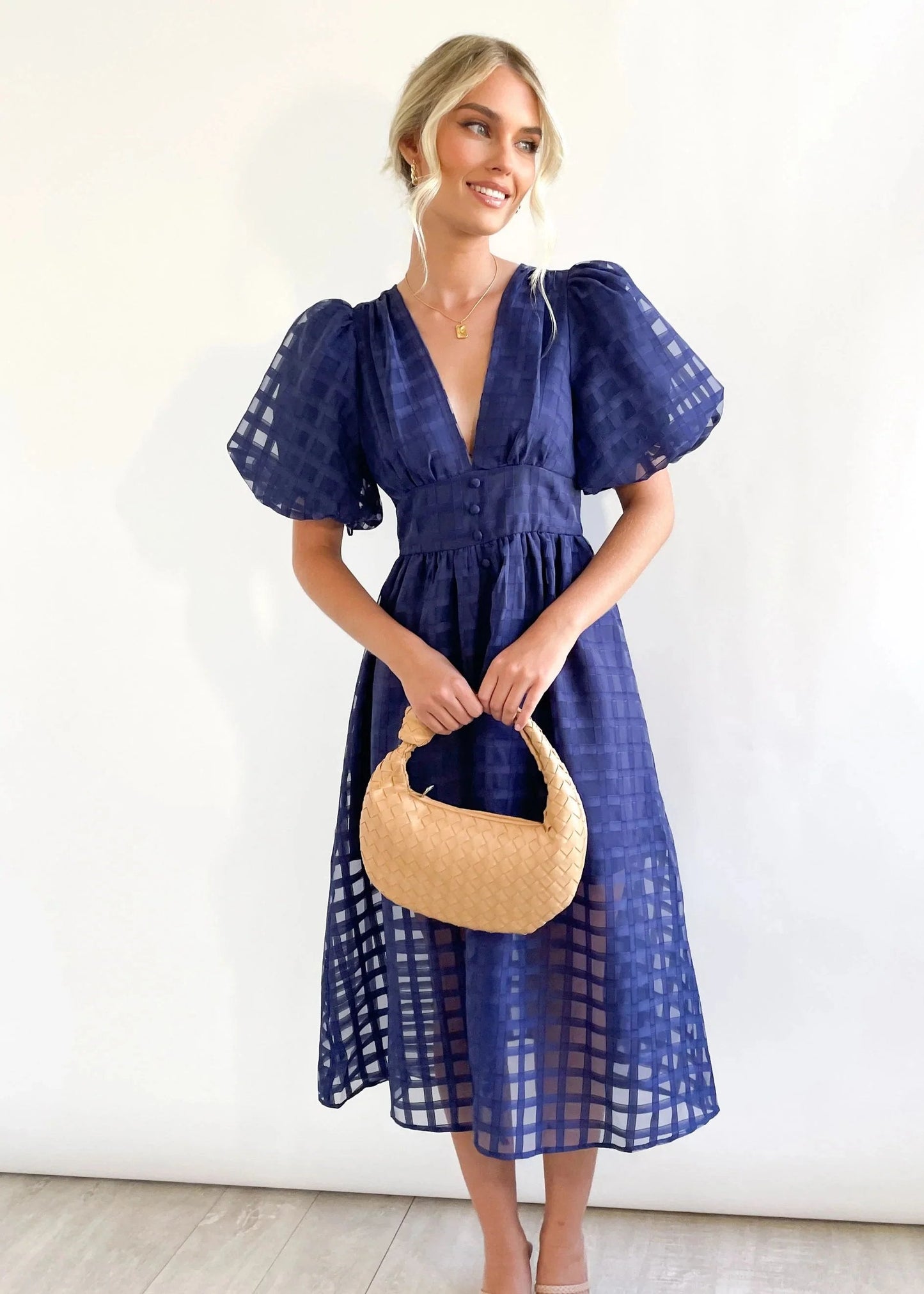 🔥🔥 Beauty Square Patterned Fabric Puff Sleeve Midi Dress