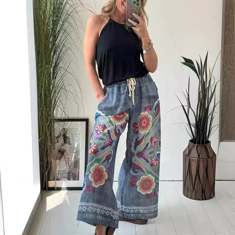 🔥Women's Drawstring Faux Denim Casual Pants
