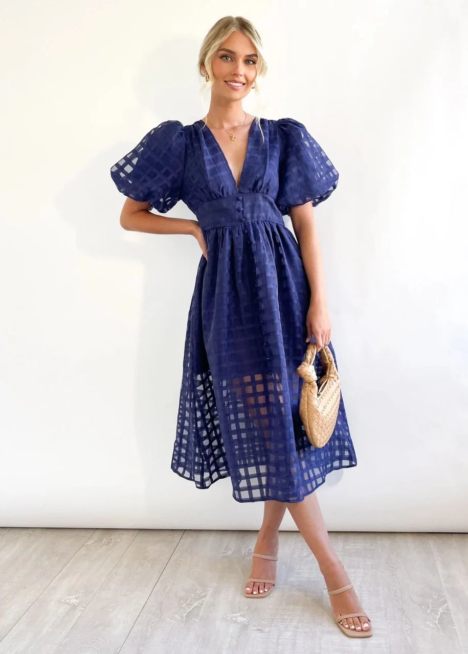 🔥🔥 Beauty Square Patterned Fabric Puff Sleeve Midi Dress