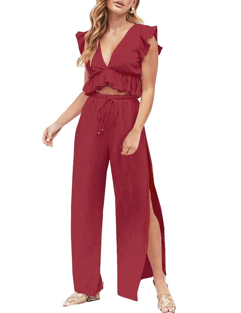🔥Womens 2 Pieces Outfits Deep V Neck  Side Slit  Wide Leg Pants Set