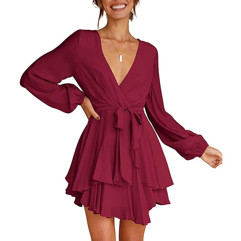 🔥V-Neck Waist Tie Ruffle Mini Swing Skater Dresses❤️