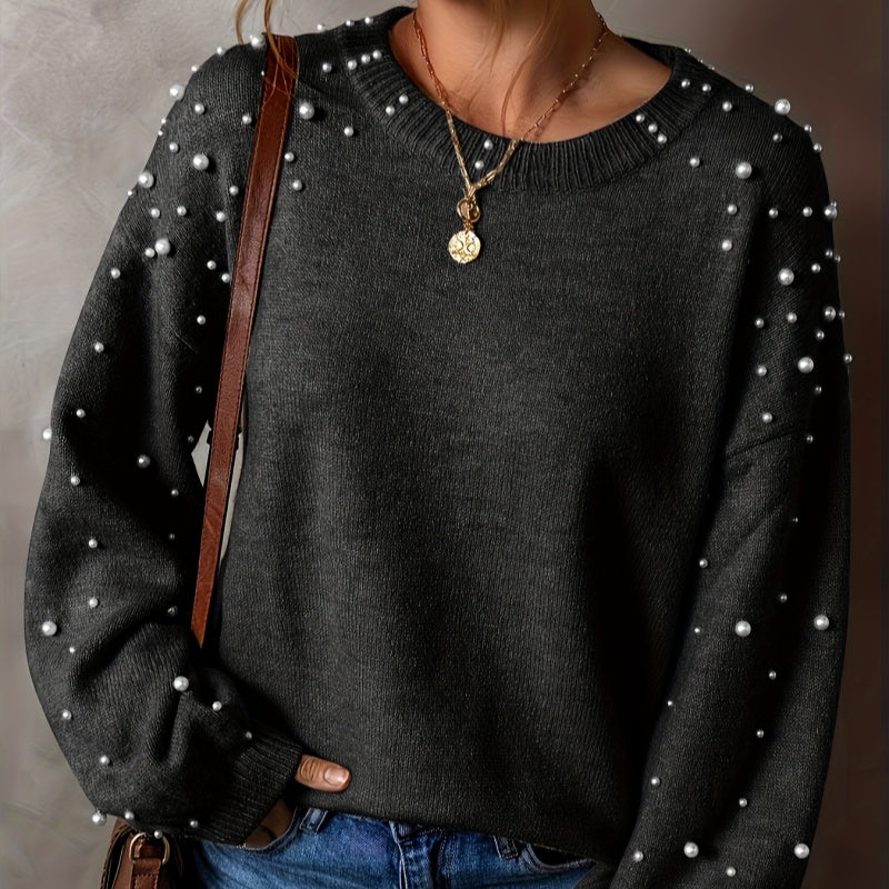 🔥Women's Faux Pearls Round Neck Pullover Sweater