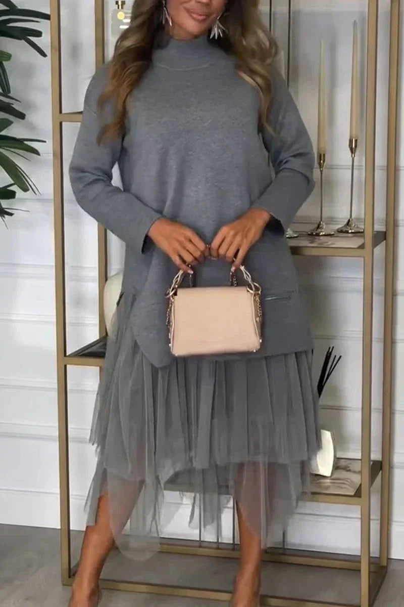 🔥Women's Casual Solid Color Mesh Patchwork Dress