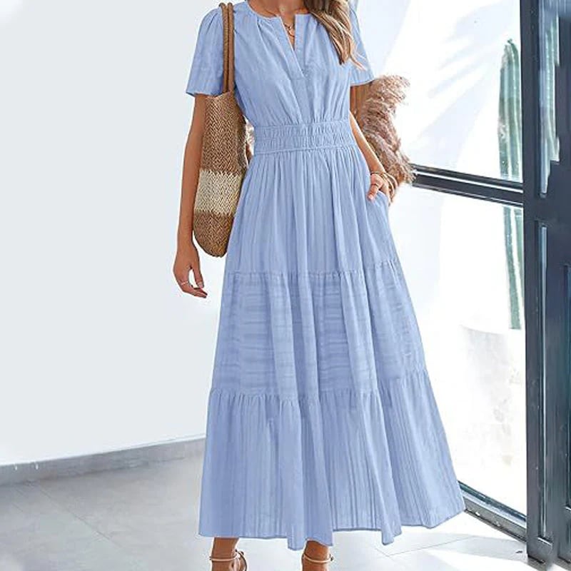 🌷Women's Casual Spring Short Sleeve V Neck Maxi Dress