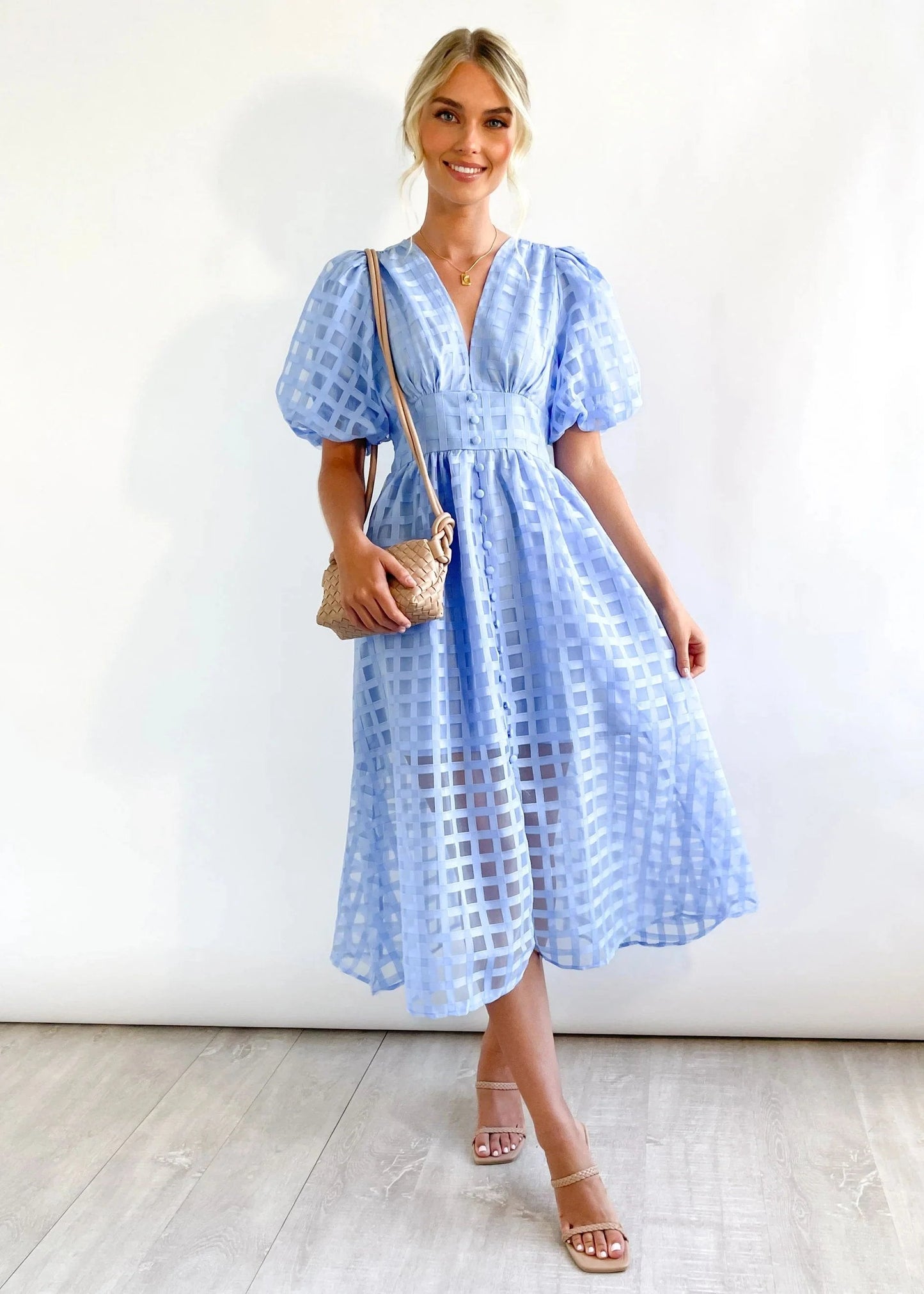 🔥🔥 Beauty Square Patterned Fabric Puff Sleeve Midi Dress