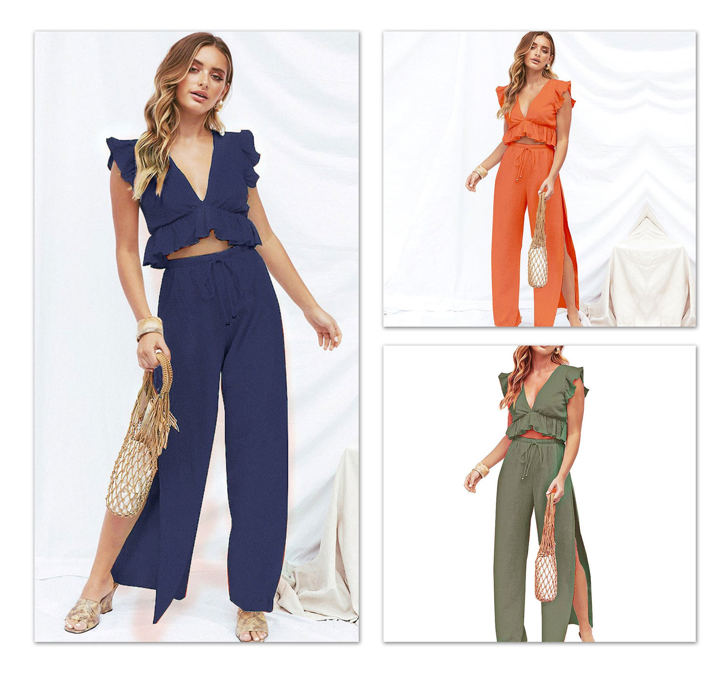 🔥Womens 2 Pieces Outfits Deep V Neck  Side Slit  Wide Leg Pants Set