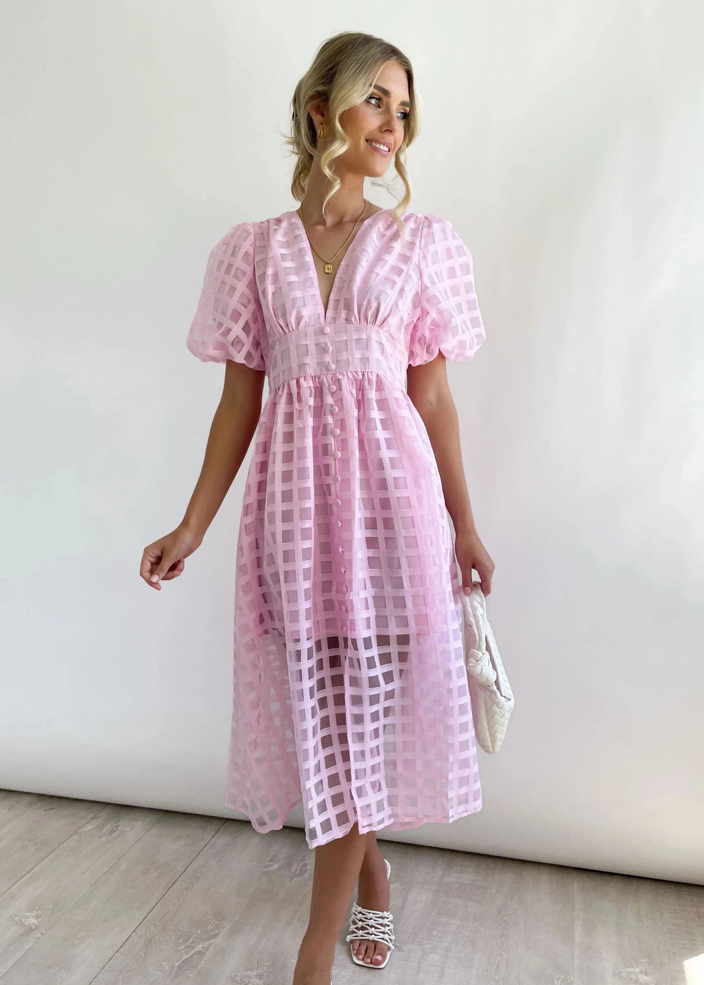 🔥🔥 Beauty Square Patterned Fabric Puff Sleeve Midi Dress
