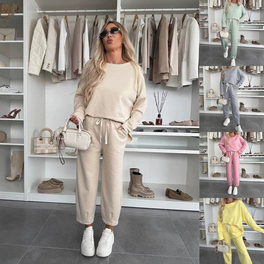 💕Solid Color Round Neck Top & Loose Pants 2-PCS Set