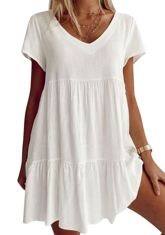 🎁Plus Size Cotton-Blend V Neck Casual Short Sleeve Weaving Dress