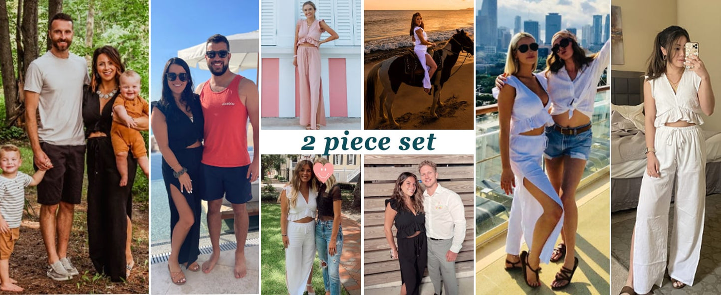 🔥Womens 2 Pieces Outfits Deep V Neck  Side Slit  Wide Leg Pants Set