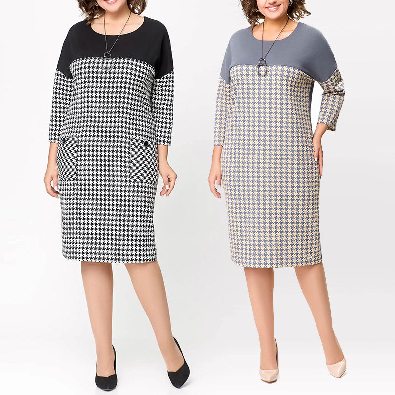 💖Women's Long Sleeve Houndstooth Patchwork Dress
