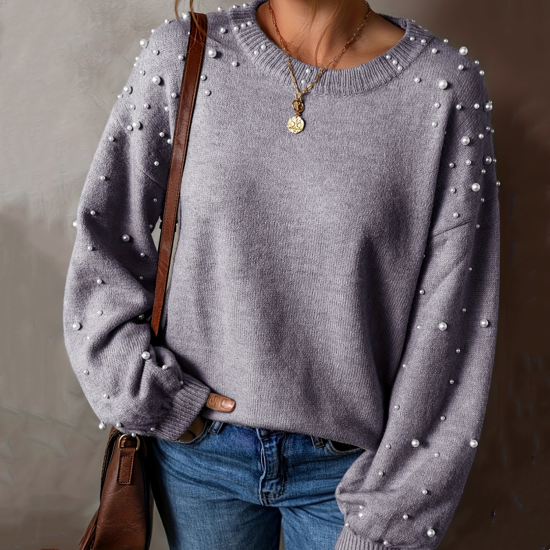 🔥Women's Faux Pearls Round Neck Pullover Sweater