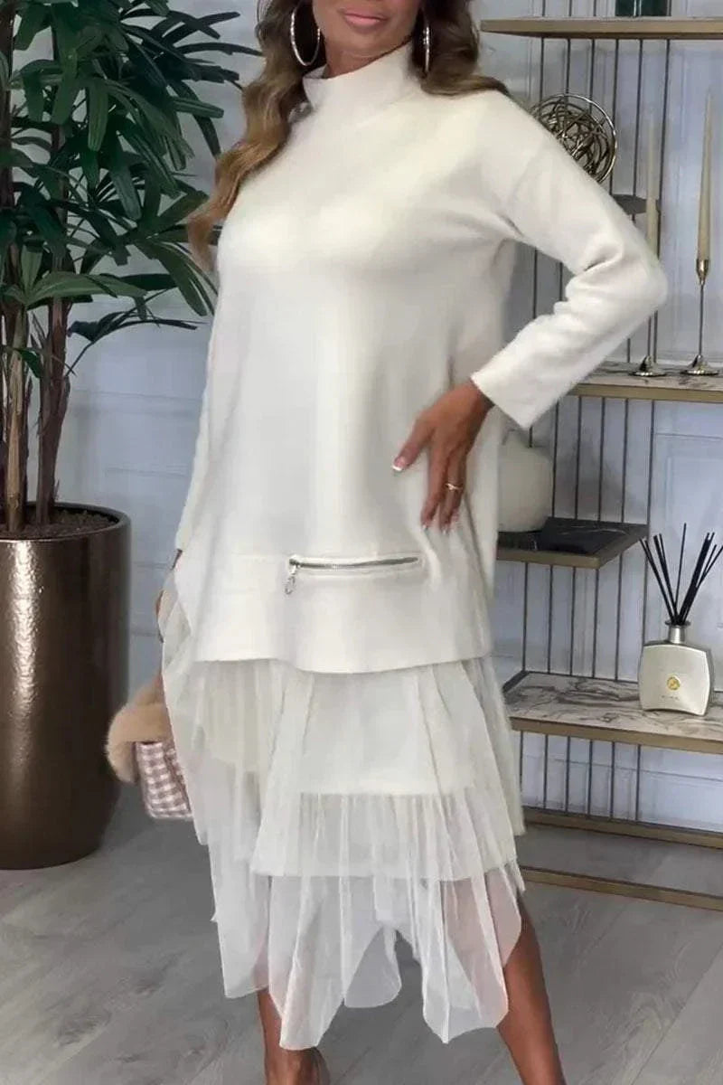 🔥Women's Casual Solid Color Mesh Patchwork Dress