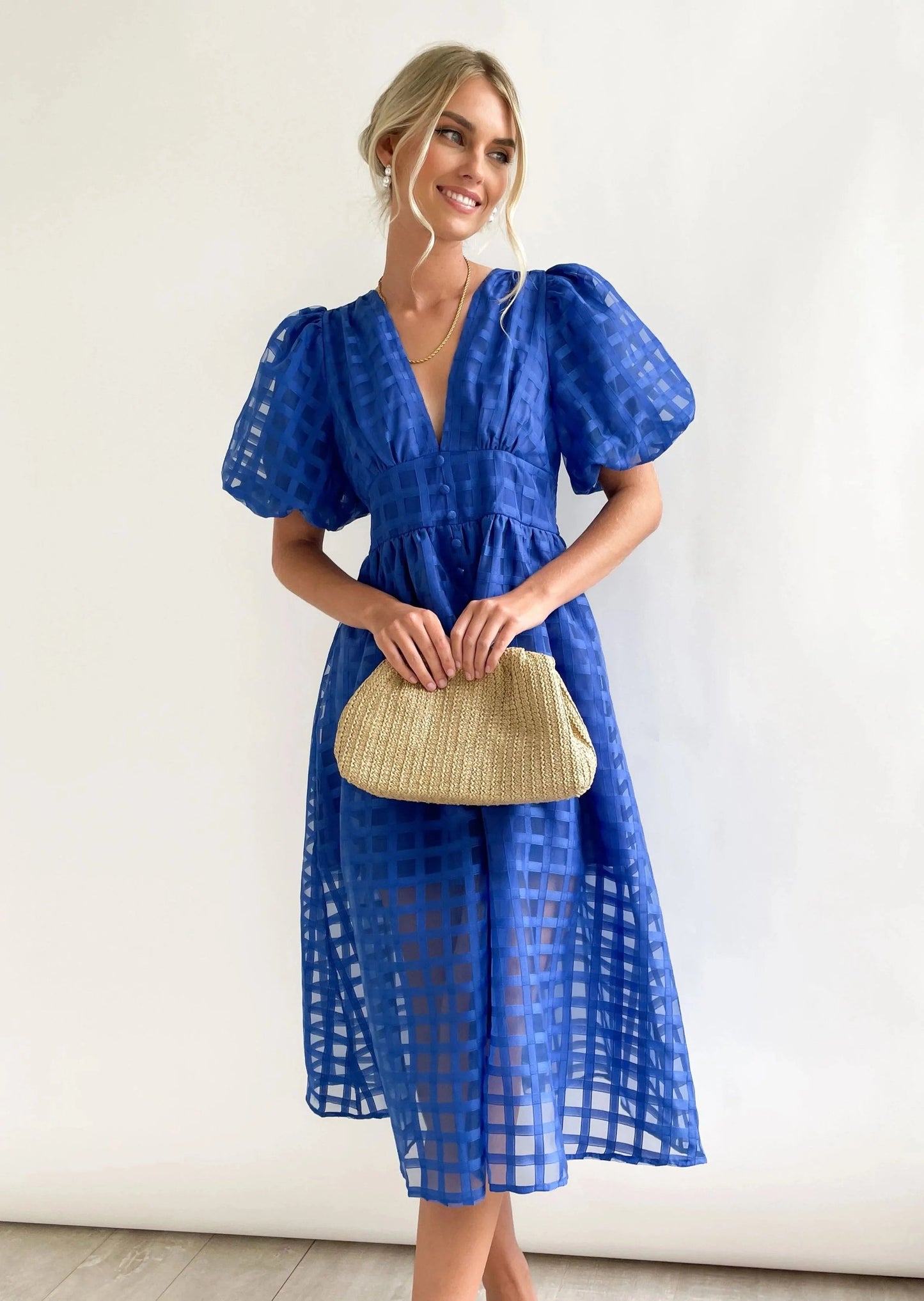 🔥🔥 Beauty Square Patterned Fabric Puff Sleeve Midi Dress