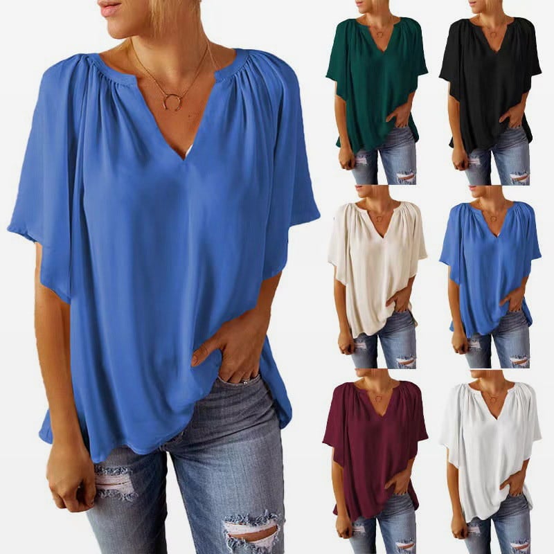 💖Summer top for women with batwing sleeves and V-neck, solid color