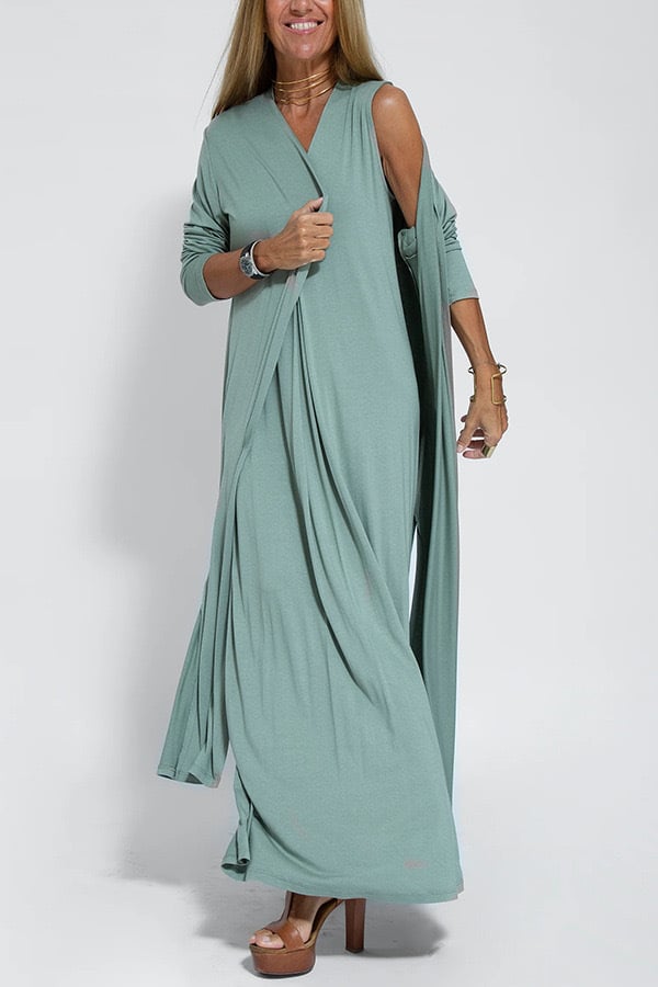 Elegant Is Eternal Knit Solid Color Sleeveless Slit Maxi Dress & Slit Drape Cardigan