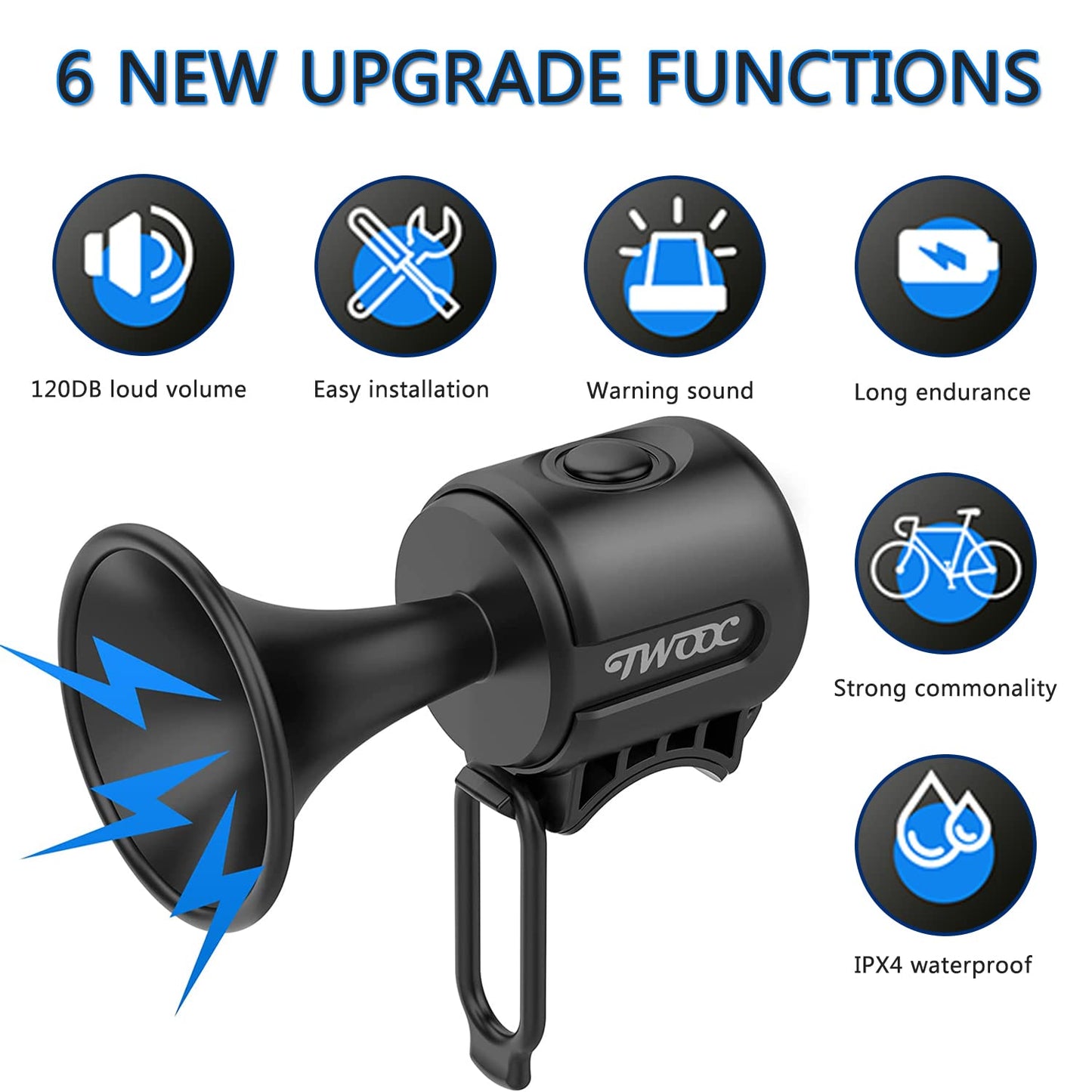 Electric Bike Horn 120DB Electronic Bicycle Bell with Easy Install, IPX4 Waterproof