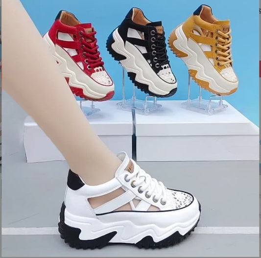Elevated soft sole breathable hollow white shoes